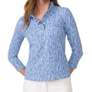 J.McLaughlin Durham ruffle neck business casual career office top in blue